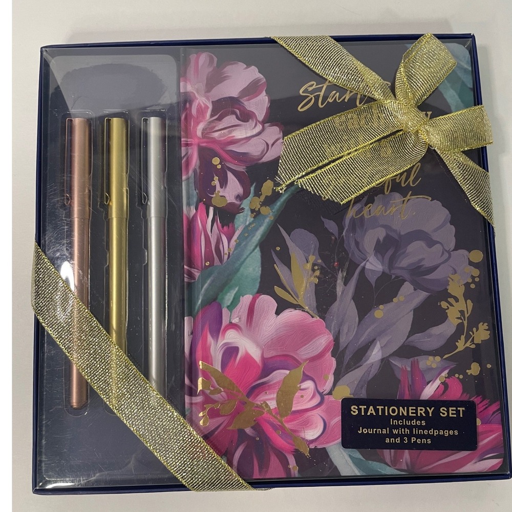 Votum Stationery Gift Set Journal and 3 Pens Floral Design Gold Ribbon Gift Box